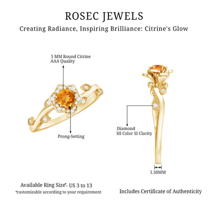 Natural Citrine Flower Engagement Ring with Diamond