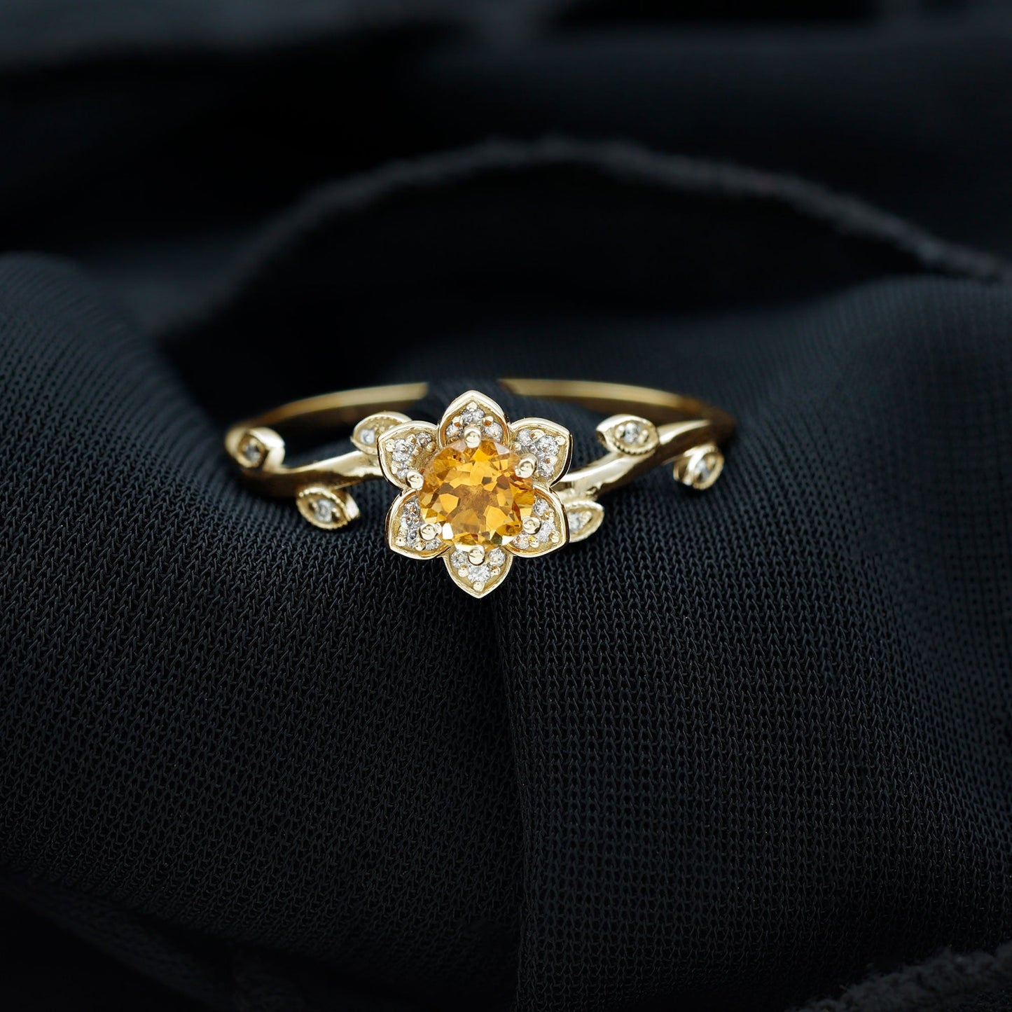 Natural Citrine Flower Engagement Ring with Diamond