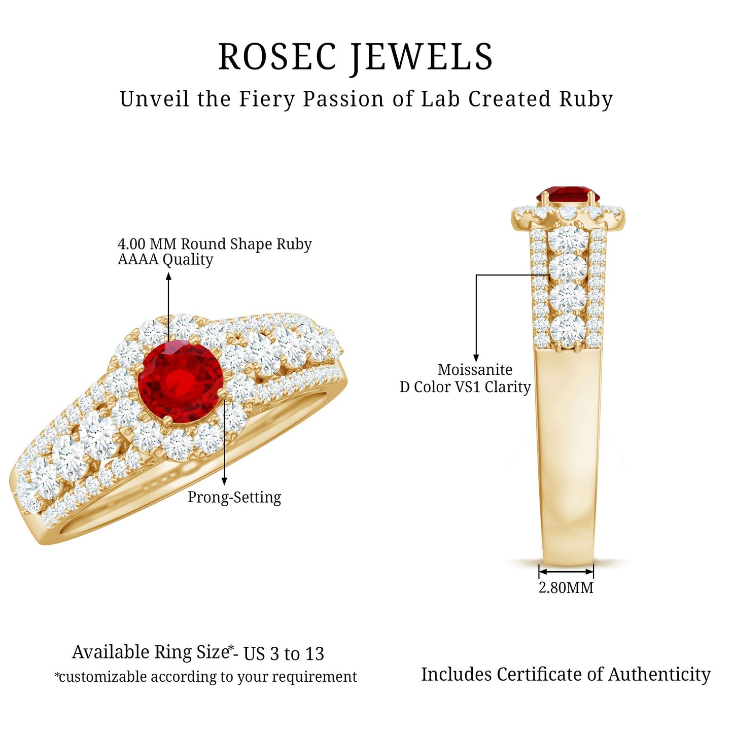 Lab Created Ruby Side Stone Engagement Ring with Moissanite