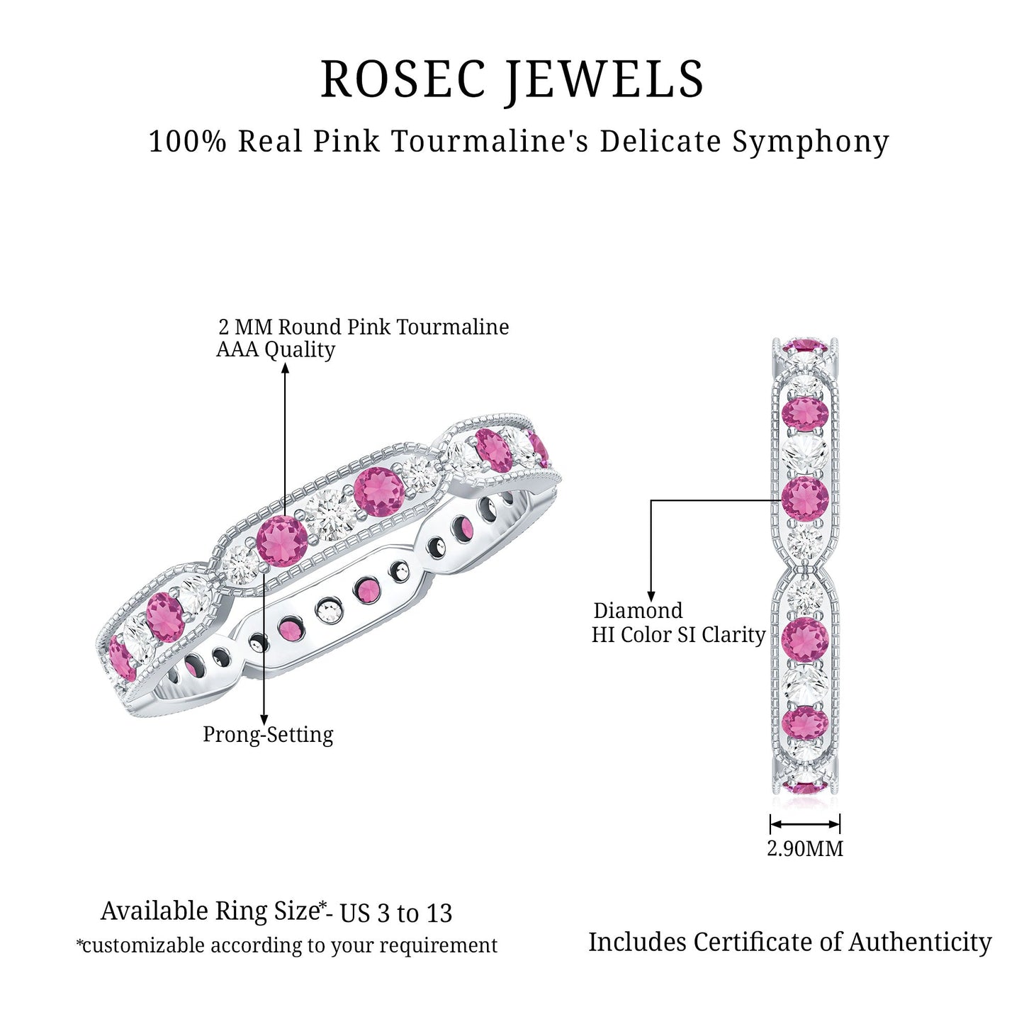Real Pink Tourmaline and Diamond Eternity Band Ring