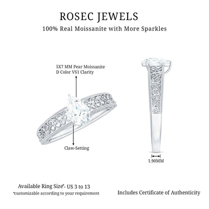 Pear Shaped Solitaire Moissanite Filigree Engagement Ring