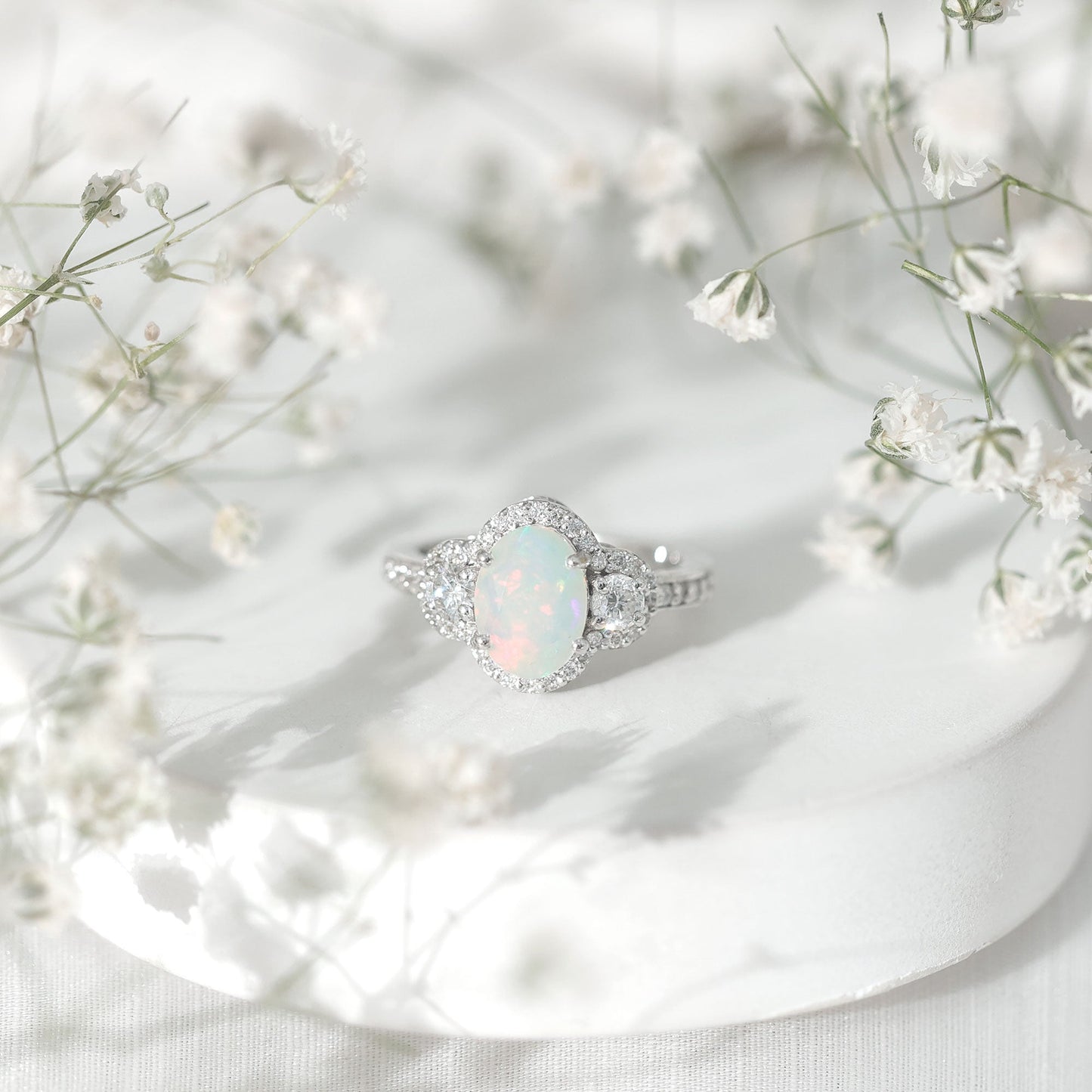 Vintage Inspired Opalescent Oval Engagement Ring with Real Diamond