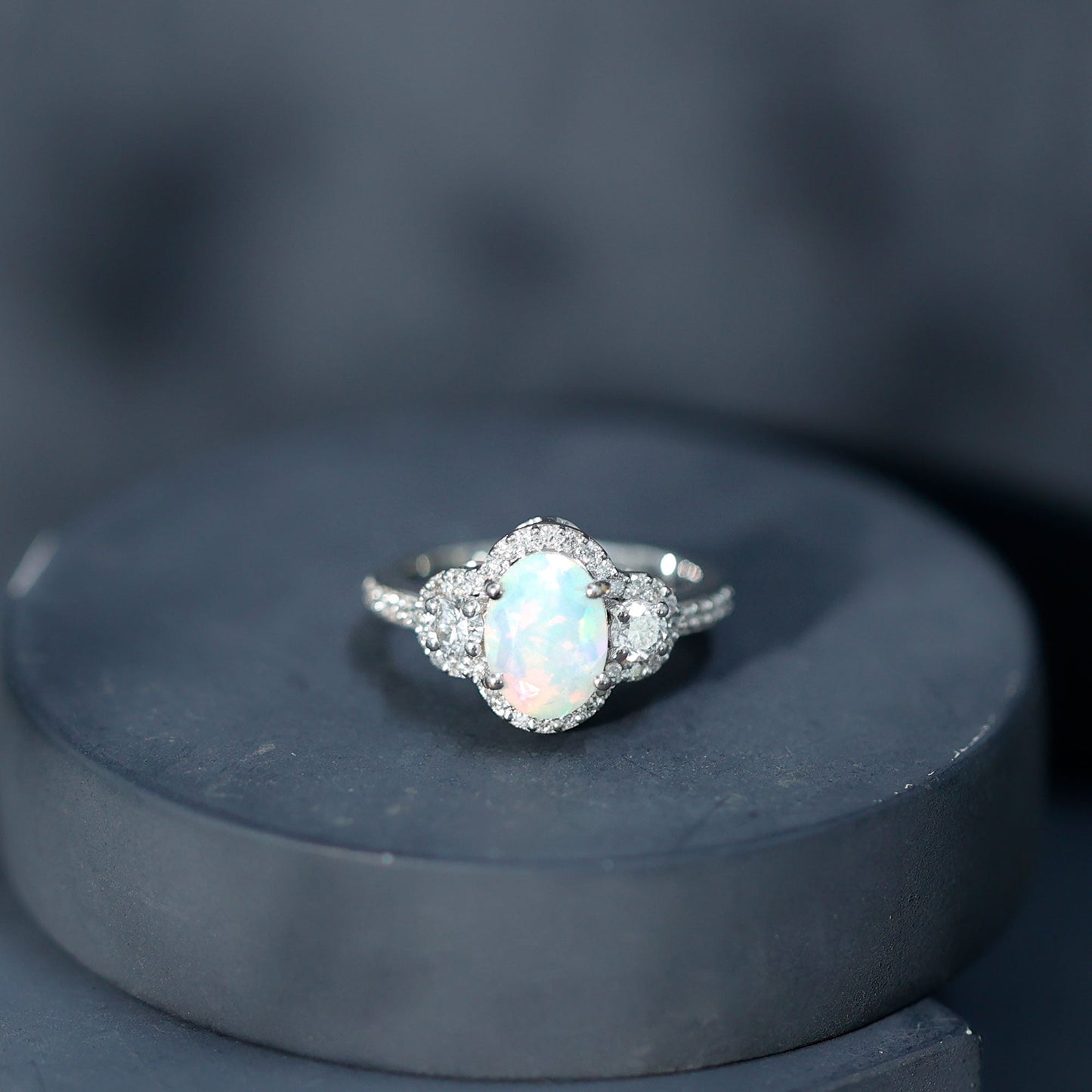Vintage Inspired Opalescent Oval Engagement Ring with Real Diamond