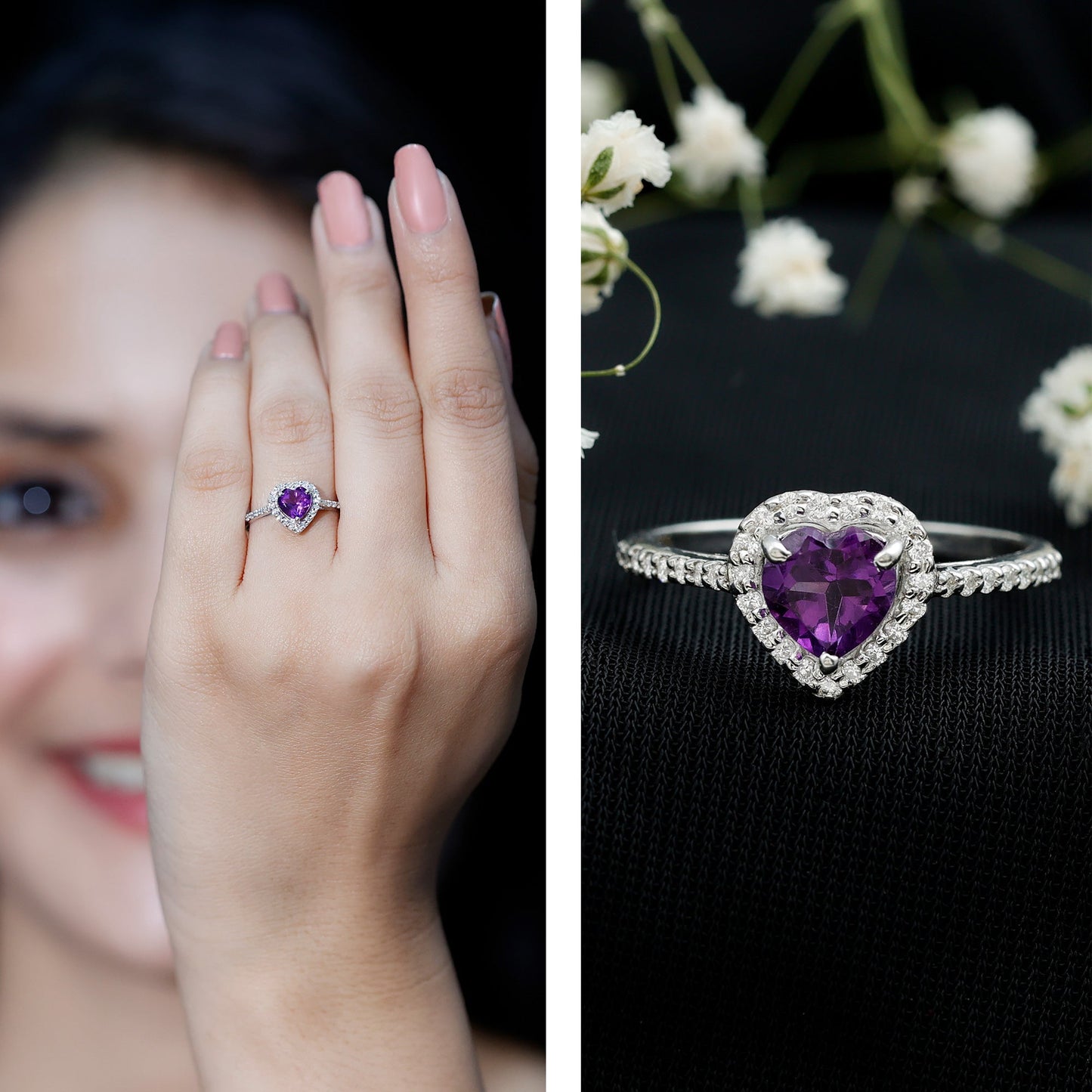 Natural 0.9 Carat Amethyst Heart Engagement Ring with Diamond Halo