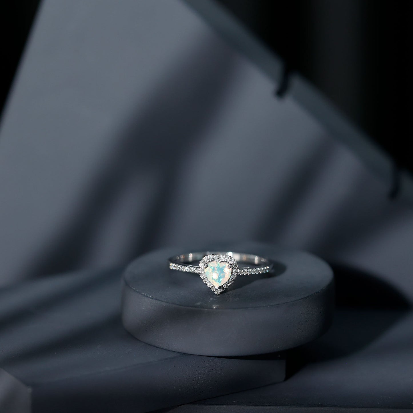 Natural Ethiopian Opal Heart Shaped Engagement Ring with Diamond Halo