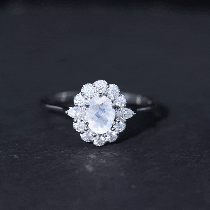 Natural 0.6 Carat Oval Shape Moonstone Engagement Ring With Moissanite