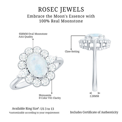 Natural 0.6 Carat Oval Shape Moonstone Engagement Ring With Moissanite