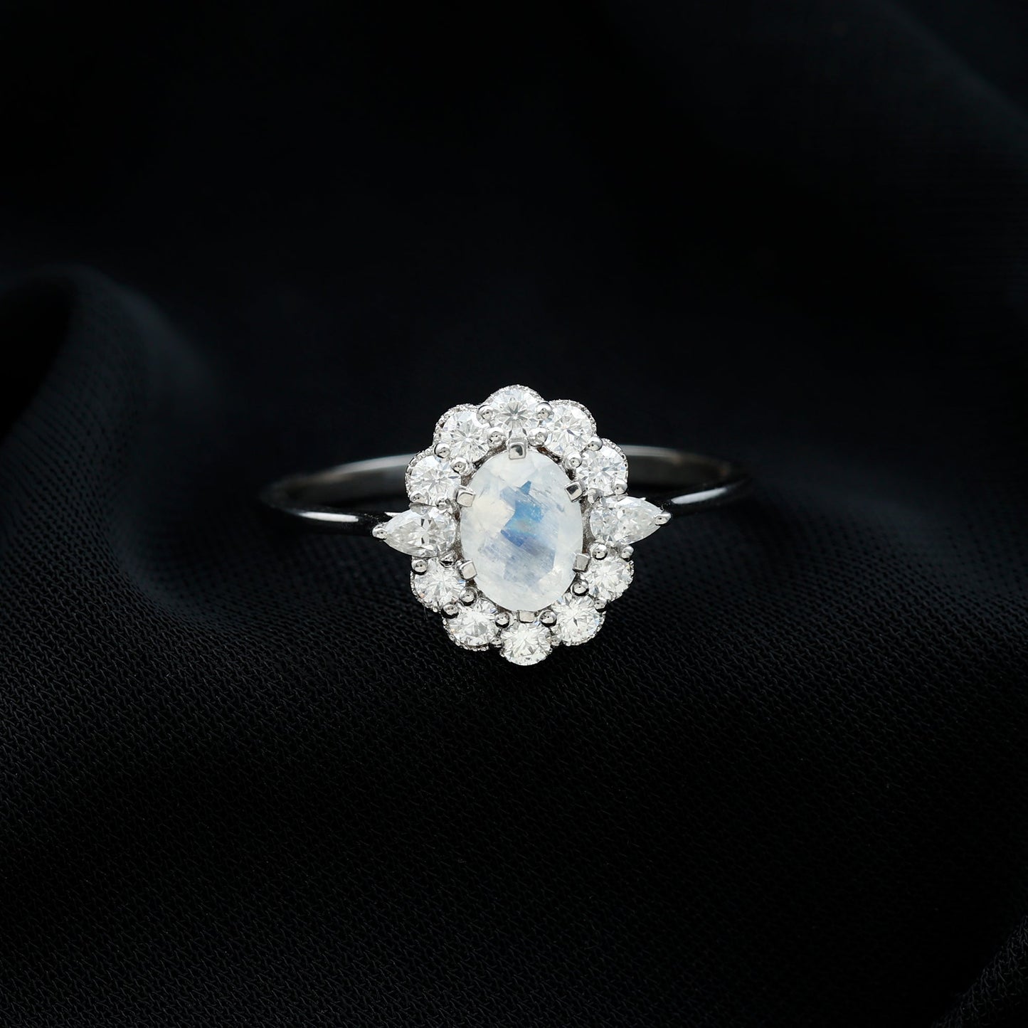 Natural 0.6 Carat Oval Shape Moonstone Engagement Ring With Moissanite