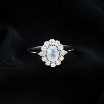 Natural 0.6 Carat Oval Shape Moonstone Engagement Ring With Moissanite