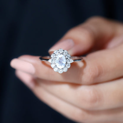 Natural 0.6 Carat Oval Shape Moonstone Engagement Ring With Moissanite