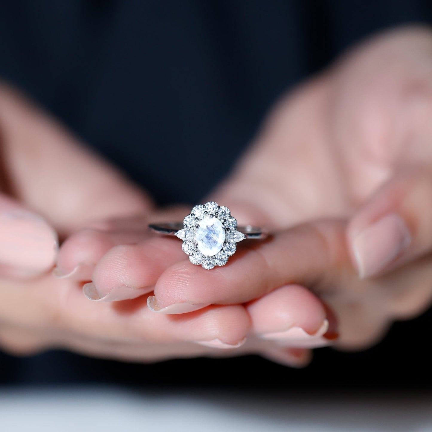 Natural 0.6 Carat Oval Shape Moonstone Engagement Ring With Moissanite