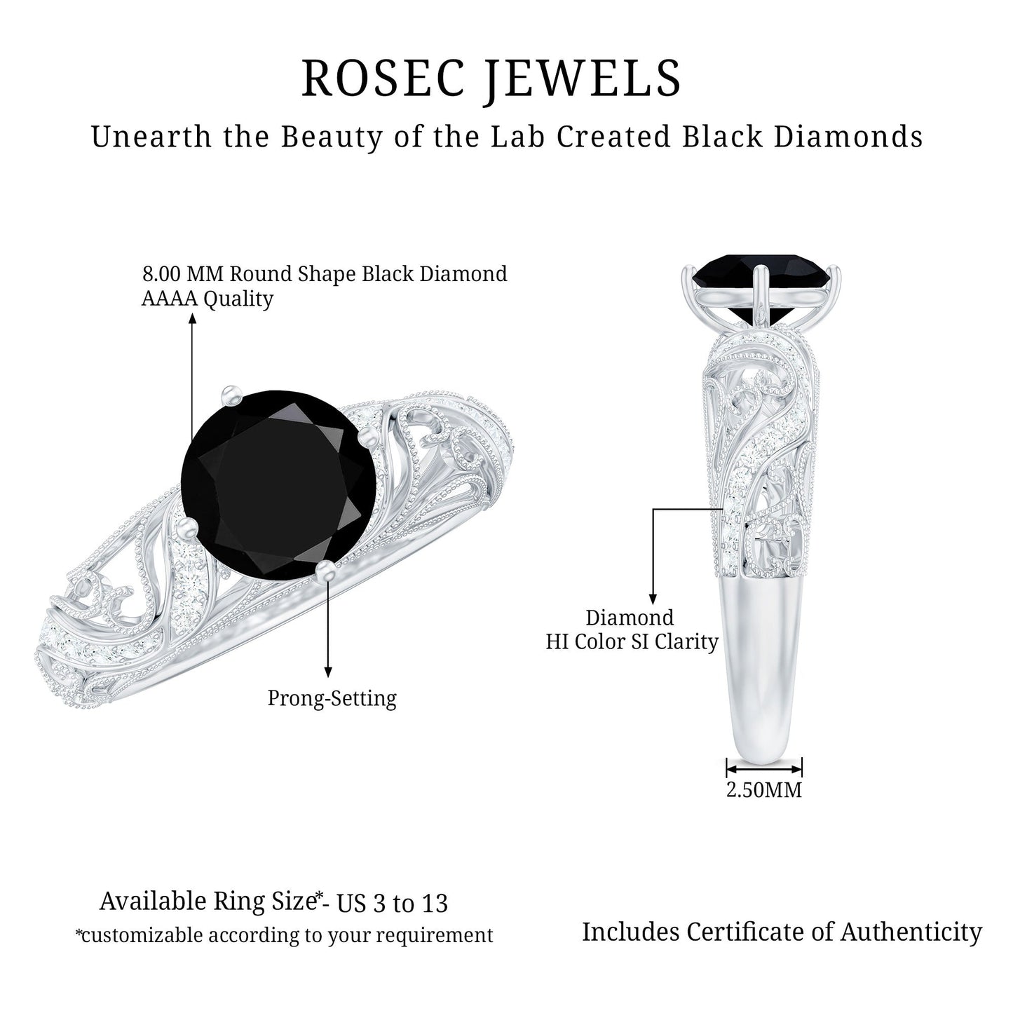 Round Created Black Diamond Vintage Inspired Engagement Ring with Diamond