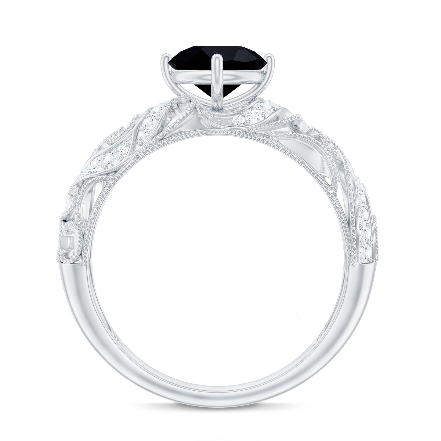 Round Created Black Diamond Vintage Inspired Engagement Ring with Diamond