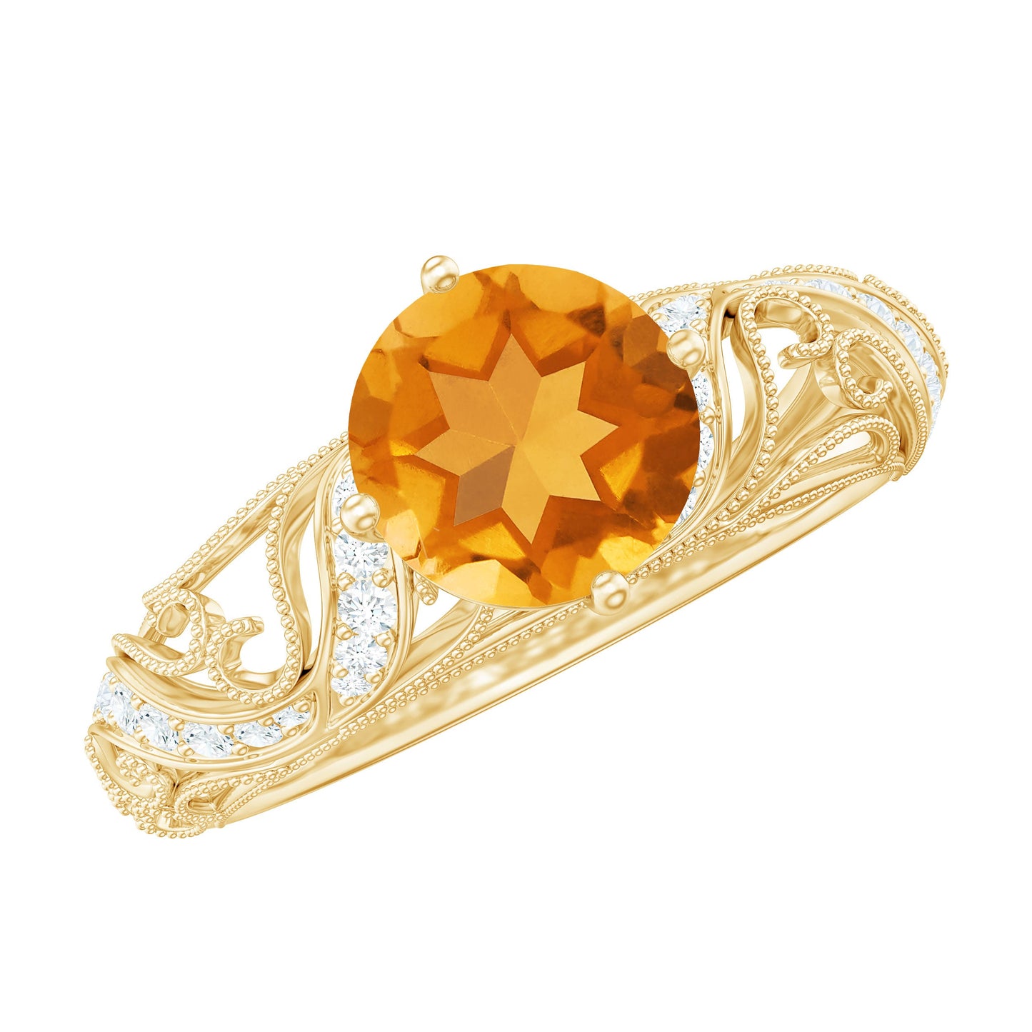 Genuine Citrine Vintage Looking Engagement Ring with Diamond