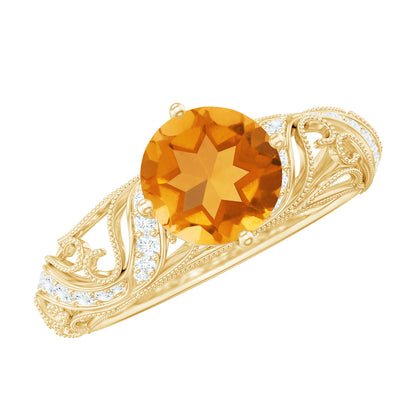 Genuine Citrine Vintage Looking Engagement Ring with Diamond