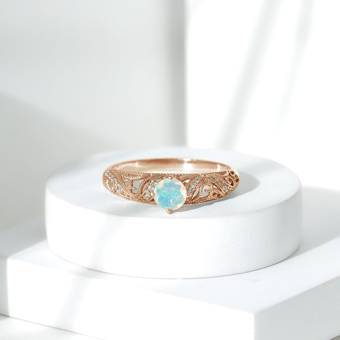 Genuine Ethiopian Rainbow Opal Vintage Inspired Engagement Ring with Diamond