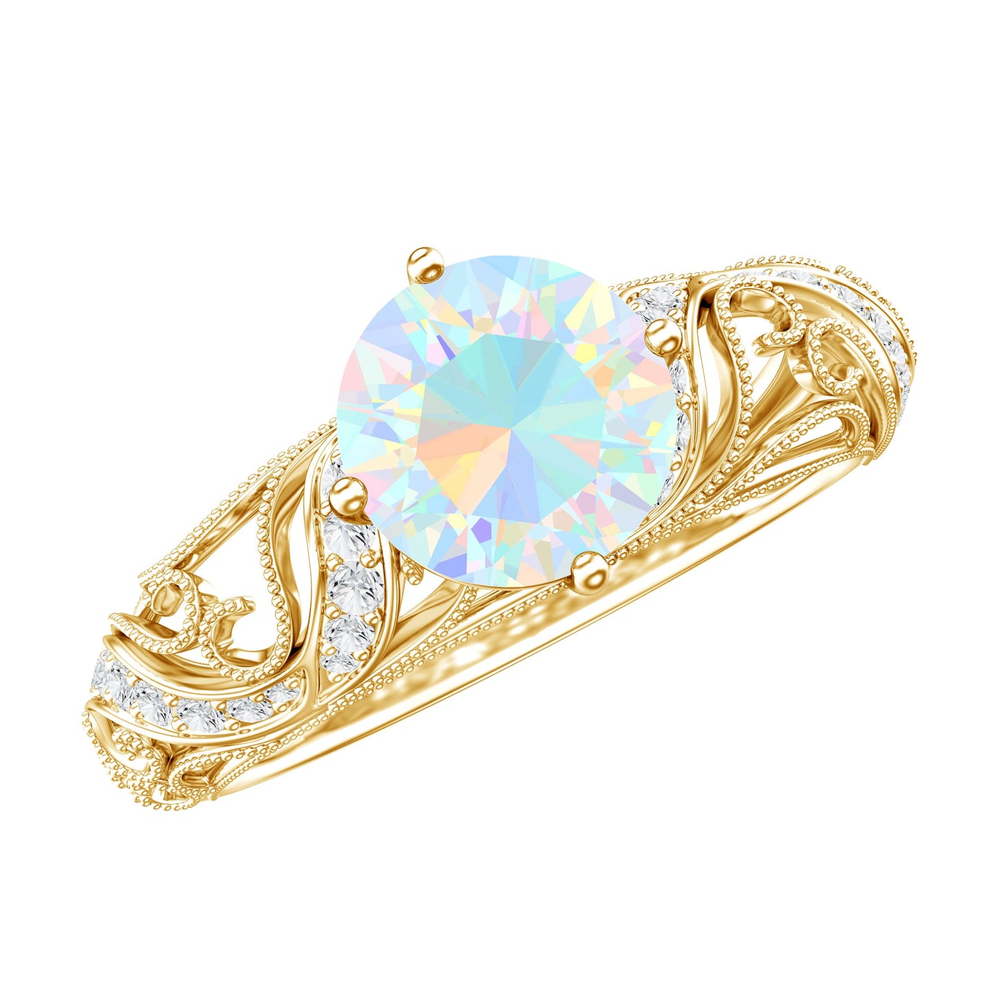 Genuine Ethiopian Rainbow Opal Vintage Inspired Engagement Ring with Diamond