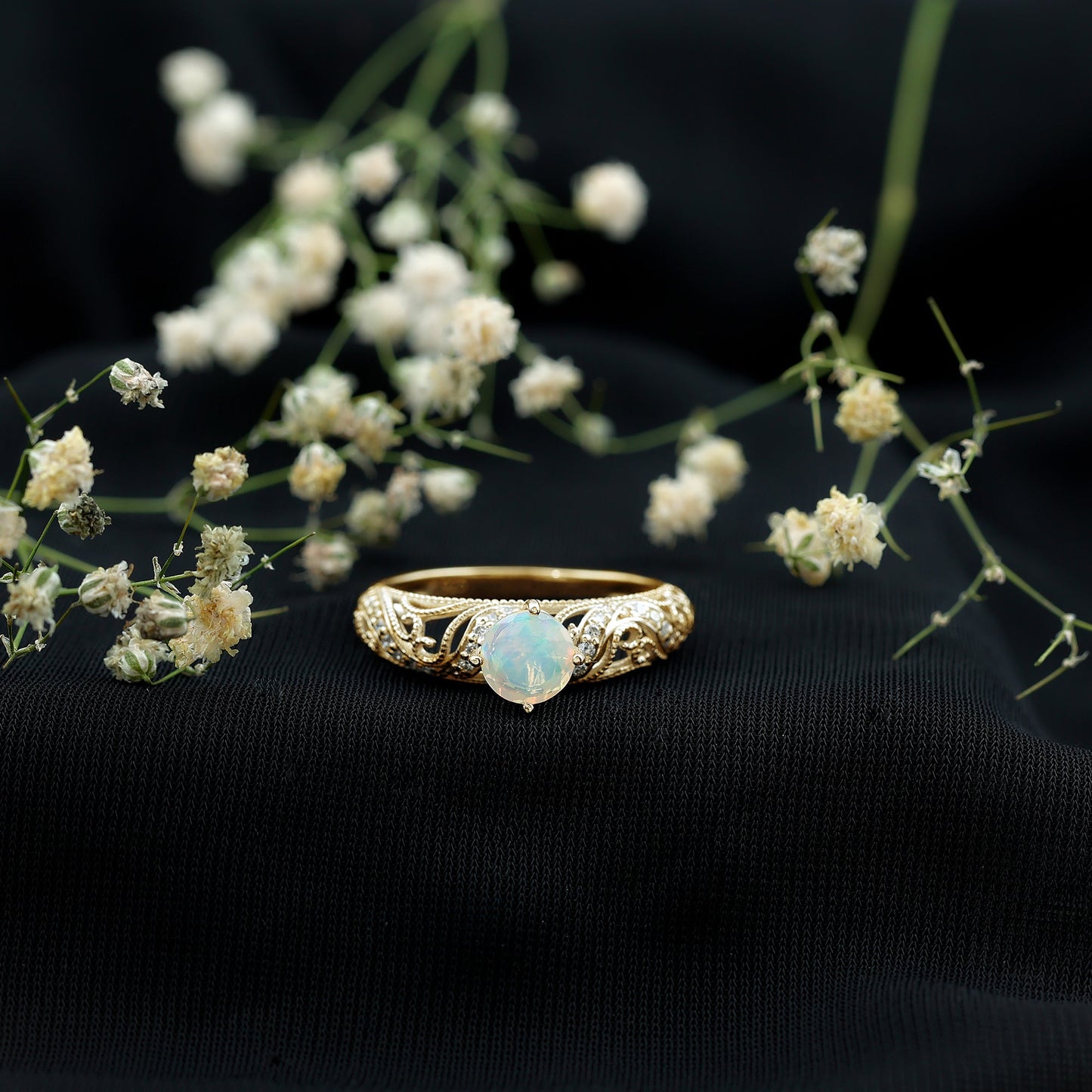 Genuine Ethiopian Rainbow Opal Vintage Inspired Engagement Ring with Diamond