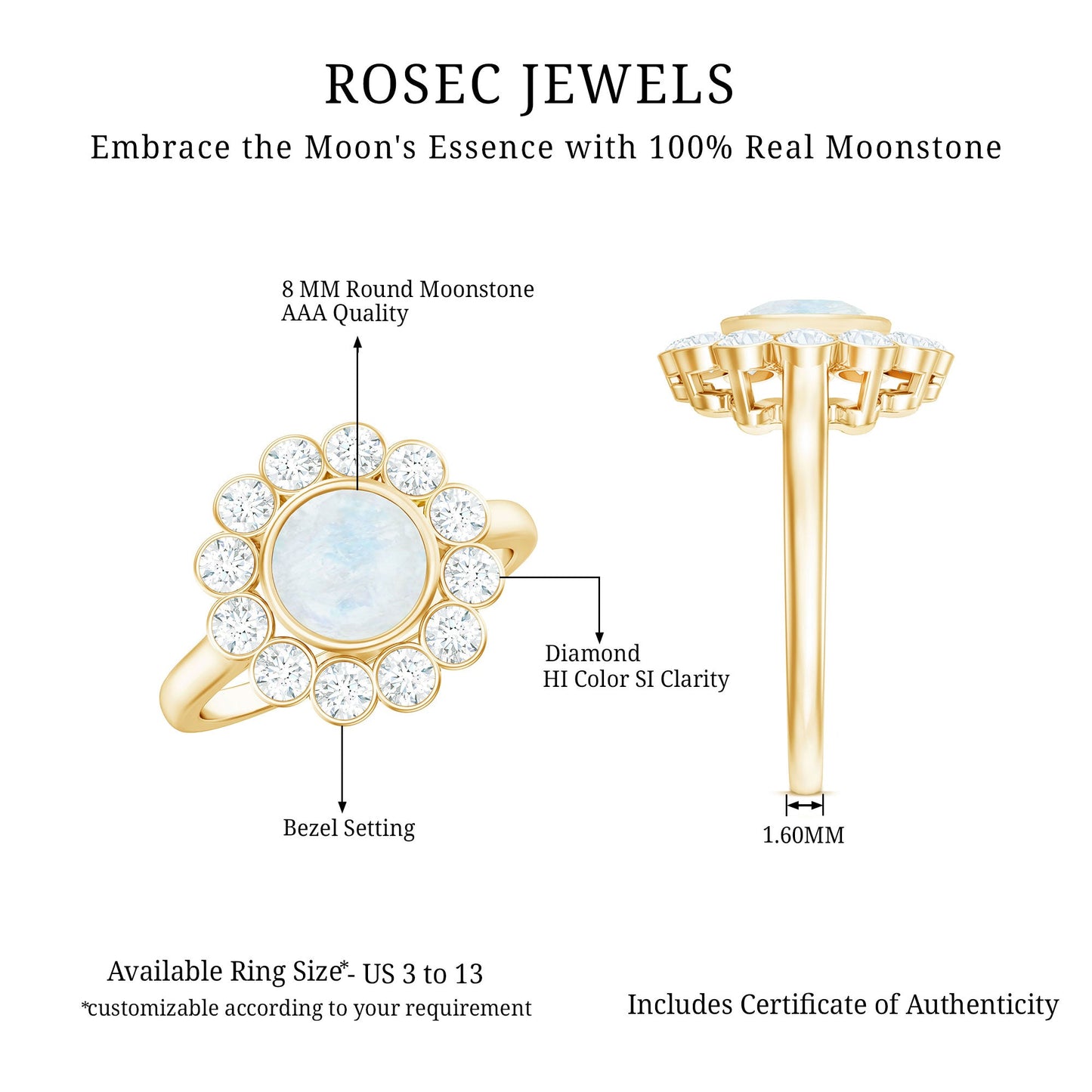Round Moonstone and Diamond Halo Engagement Ring in Bezel Setting