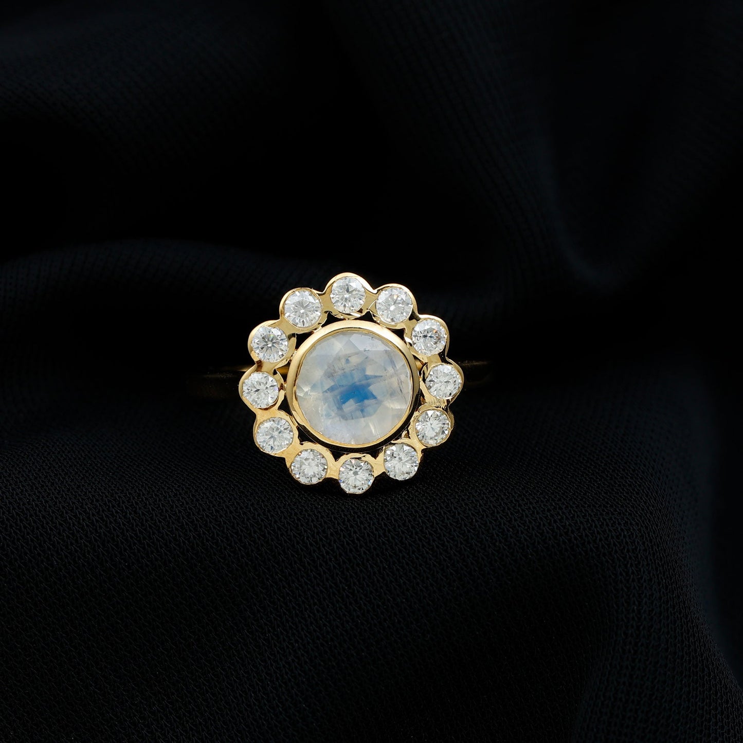 Round Moonstone and Diamond Halo Engagement Ring in Bezel Setting