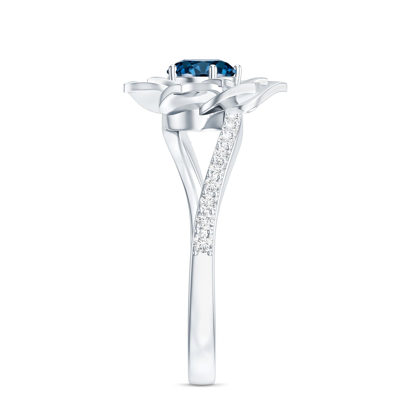 Flower Inspired London Blue Topaz Rose Engagement Ring with Diamond