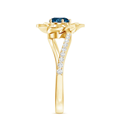 Flower Inspired London Blue Topaz Rose Engagement Ring with Diamond