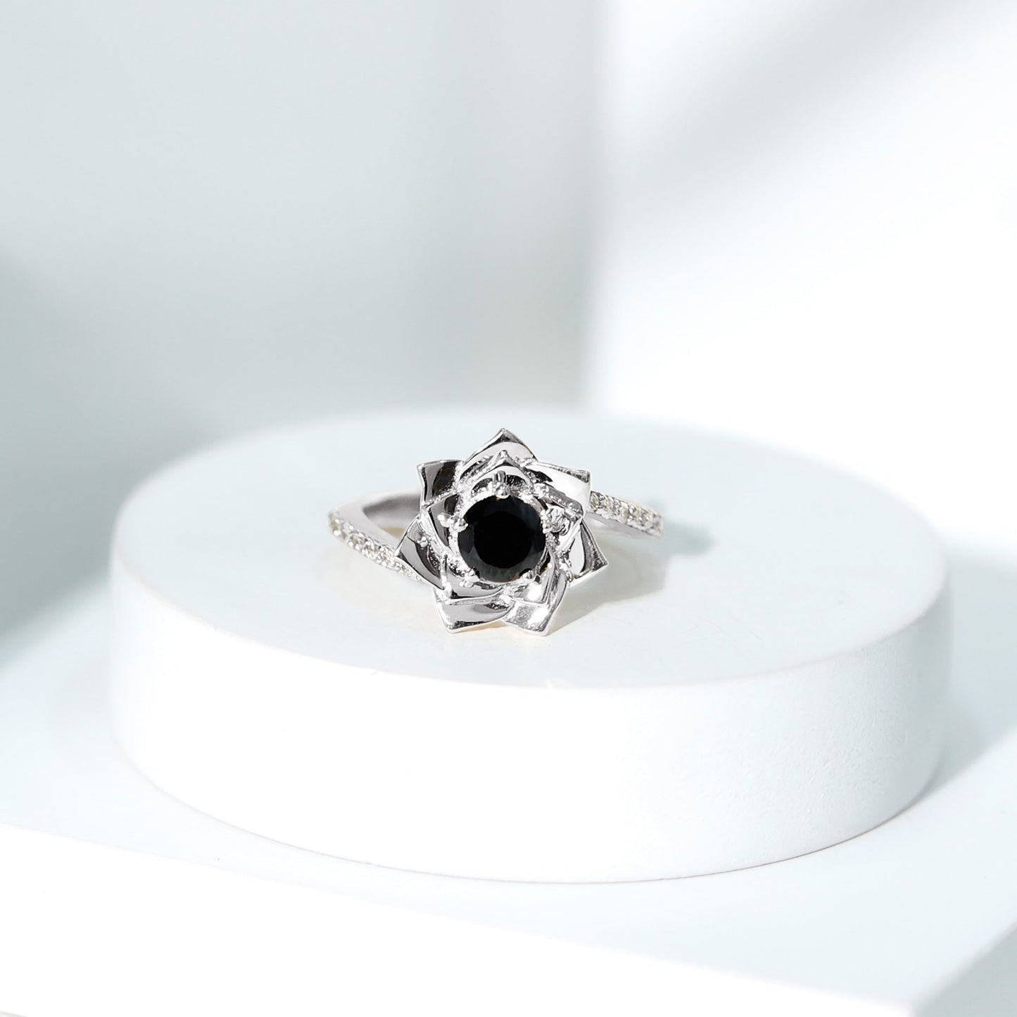 Flower Inspired Black Onyx Rose Engagement Ring with Diamond