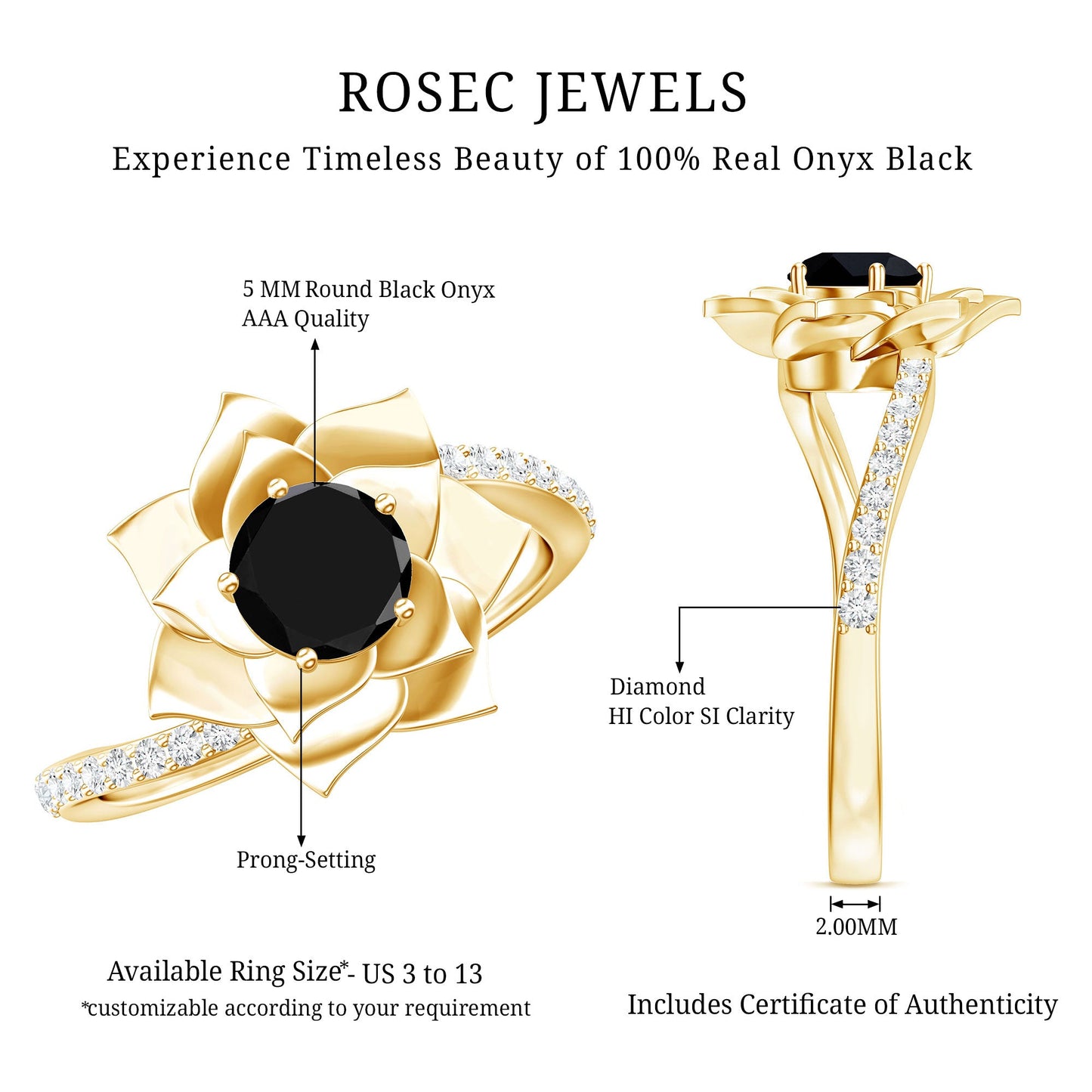 Flower Inspired Black Onyx Rose Engagement Ring with Diamond