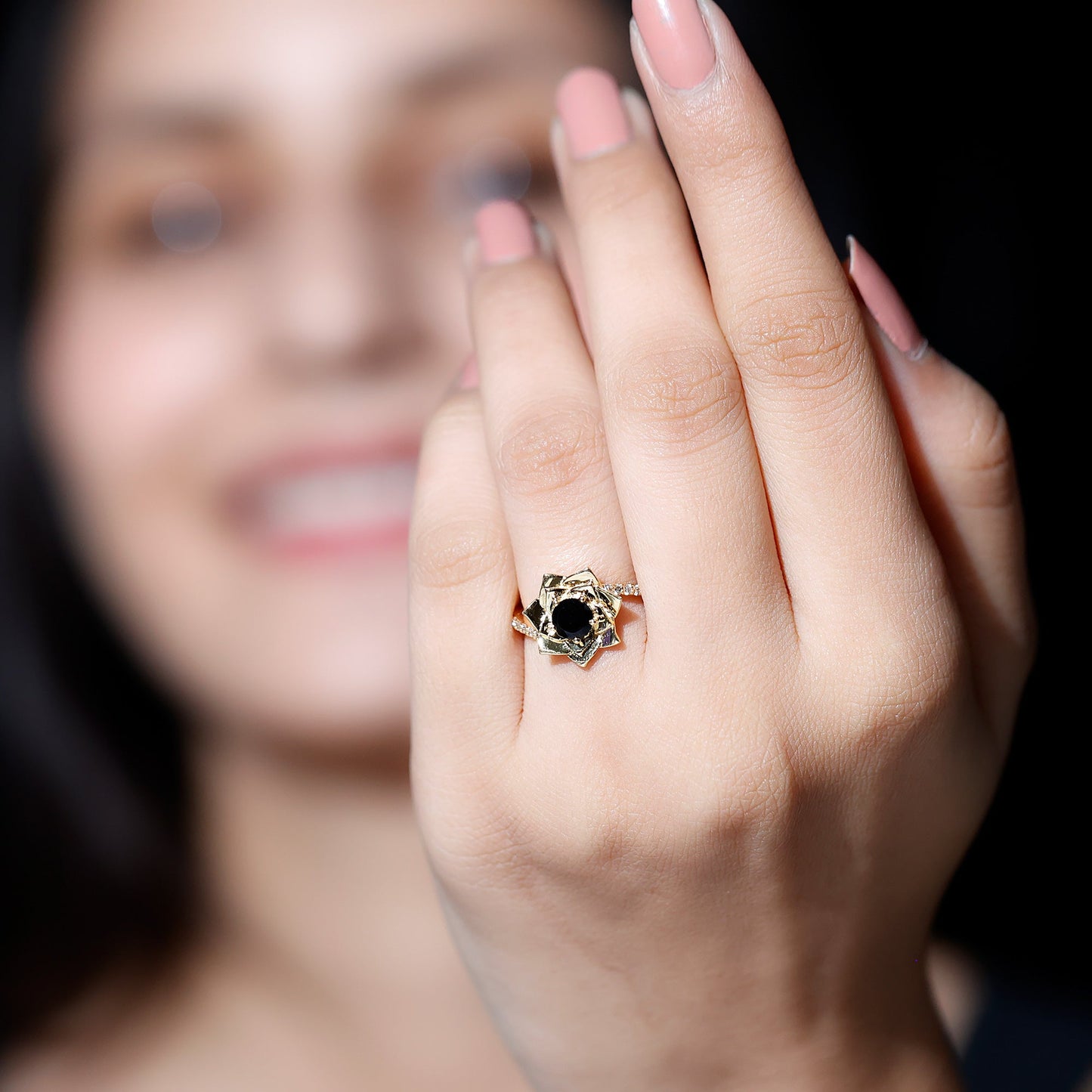 Flower Inspired Black Onyx Rose Engagement Ring with Diamond