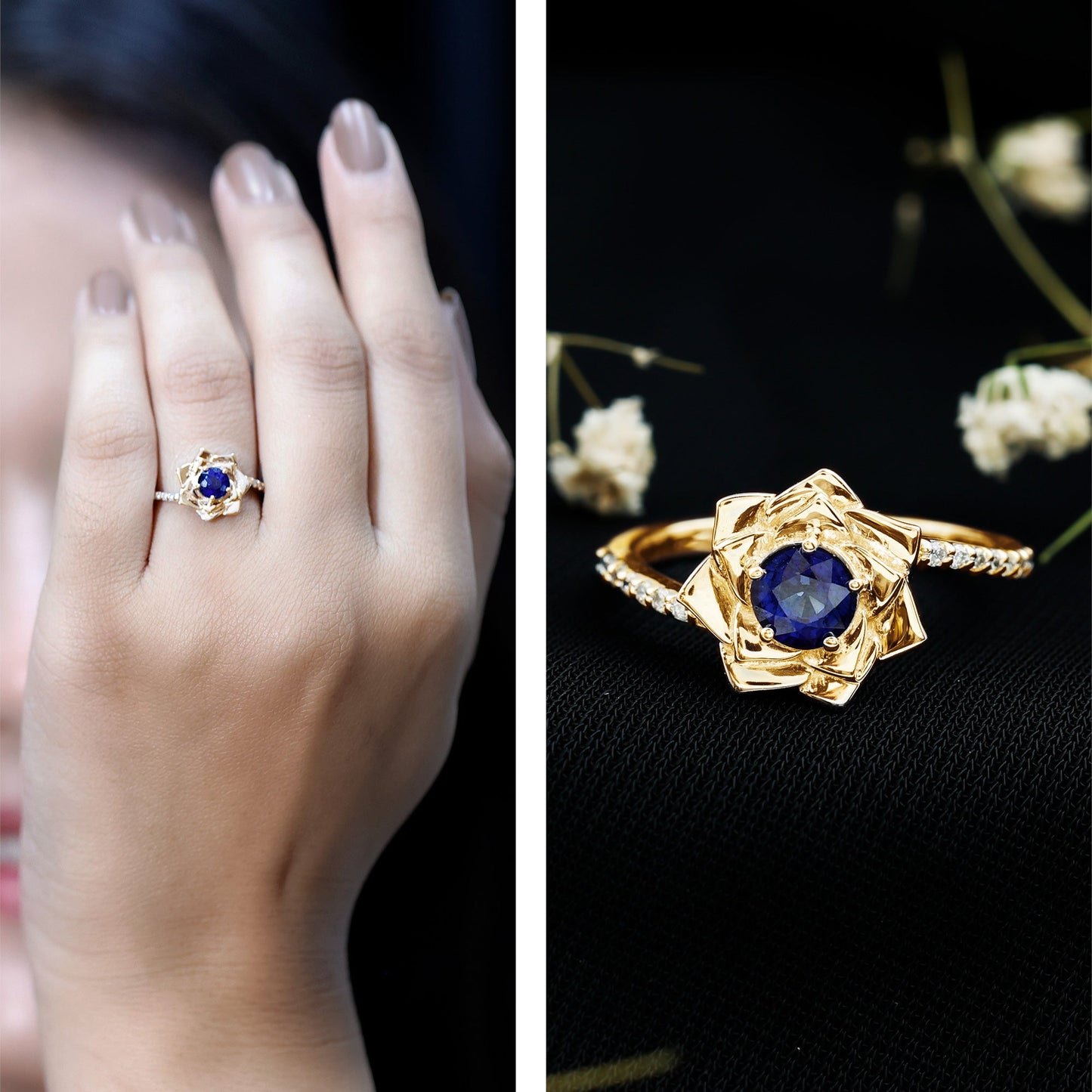 Real 0.9 Carat Blue Sapphire Rose Flower Engagement Ring with Diamond Bypass Shank