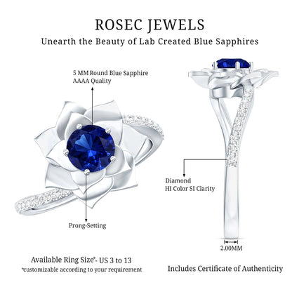 Lab Grown Blue Sapphire and Diamond Flower Bypass Ring