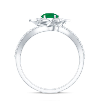 Certified Real Emerald Flower Engagement Ring with Diamond Bypass Shank