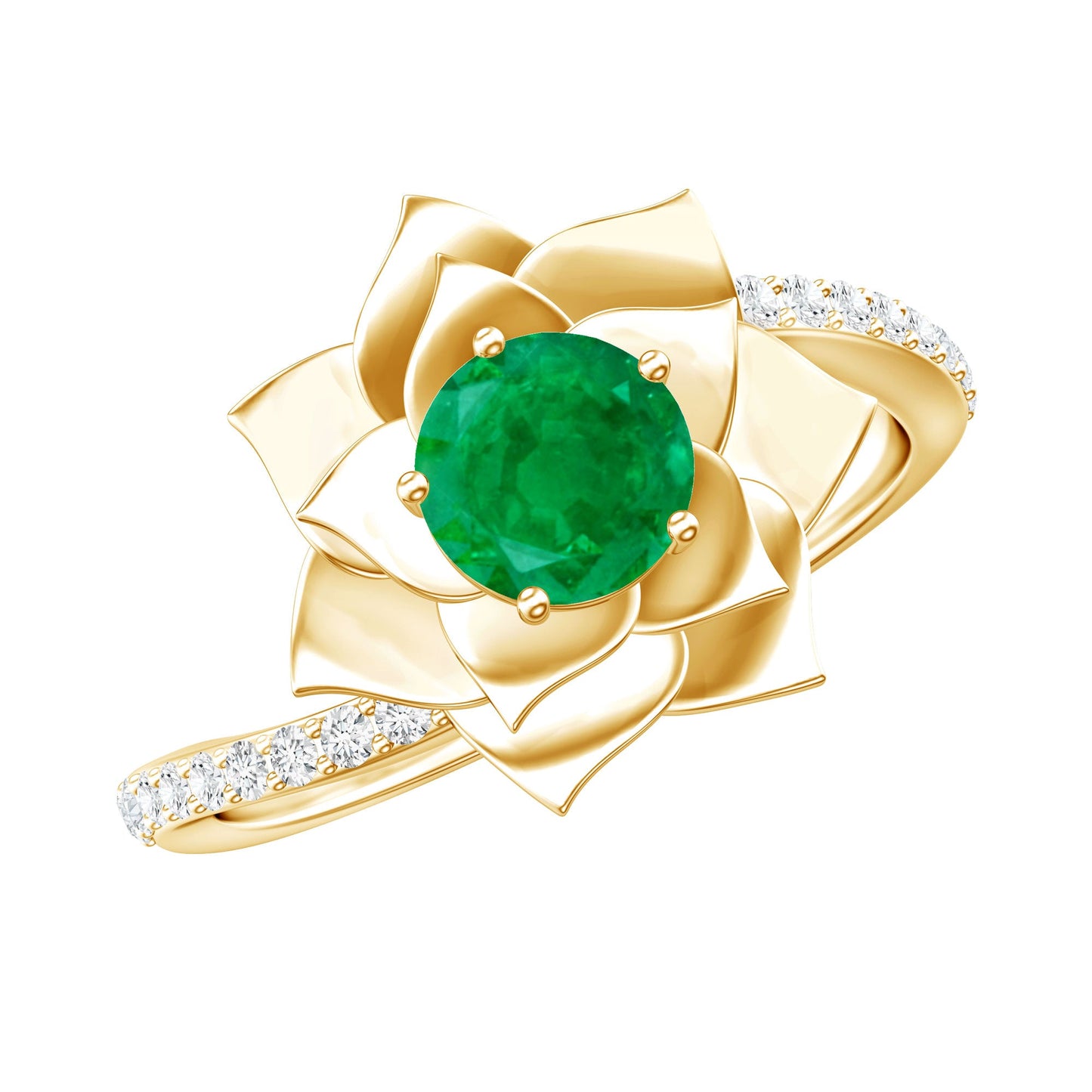 Certified Real Emerald Flower Engagement Ring with Diamond Bypass Shank