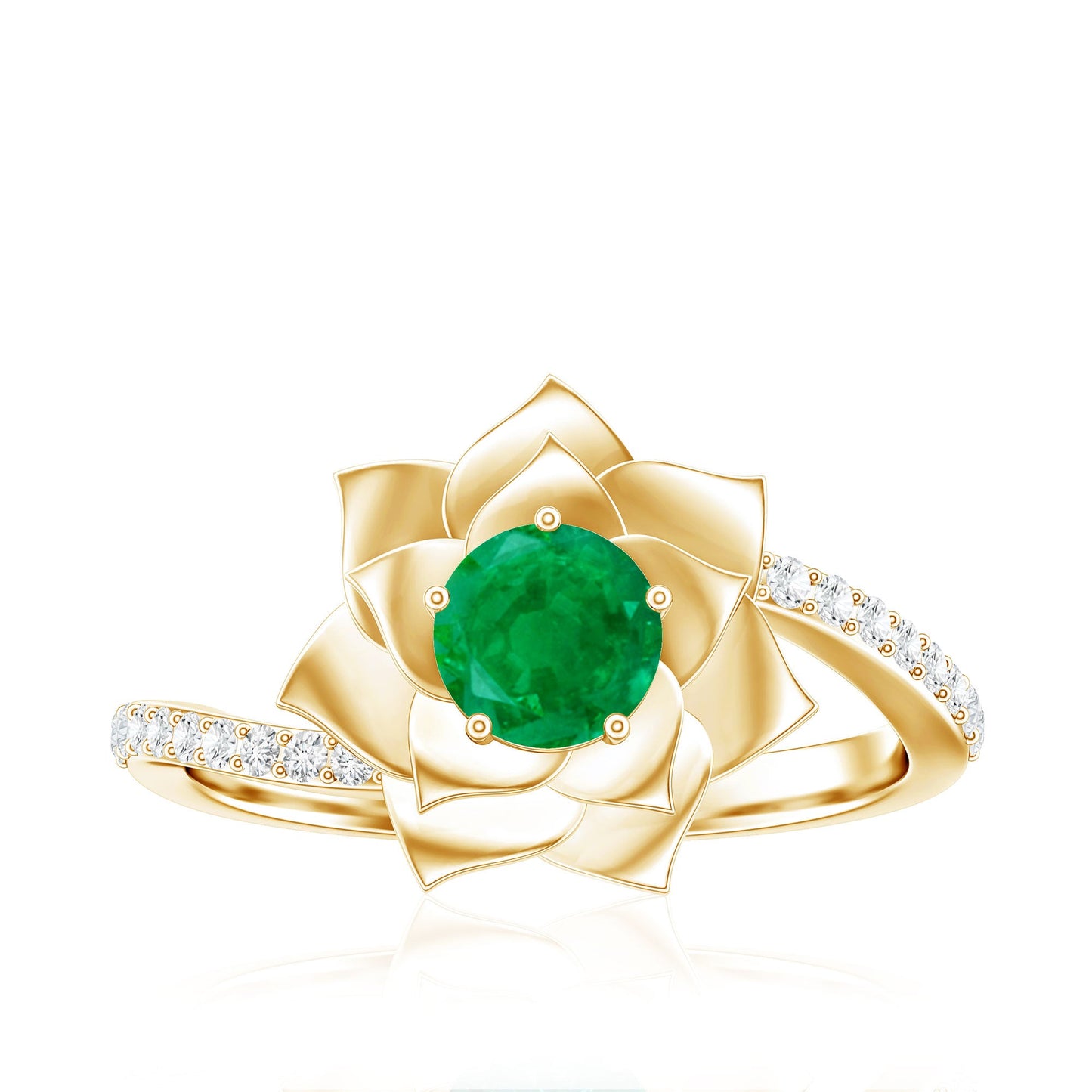 Certified Real Emerald Flower Engagement Ring with Diamond Bypass Shank