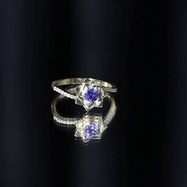 Real Tanzanite Rose Flower Engagement Ring with Diamond Bypass Shank