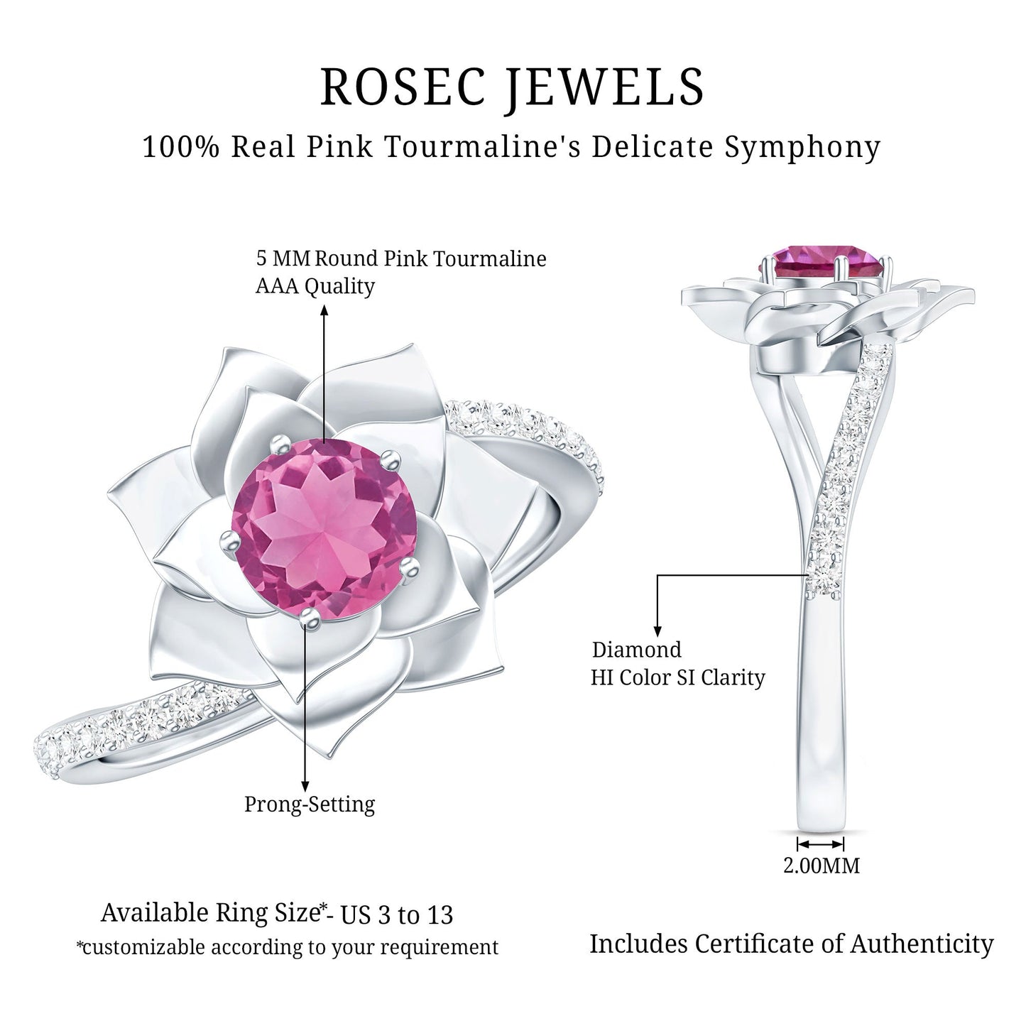 Pink Tourmaline and Diamond Flower Engagement Ring with Bypass Shank