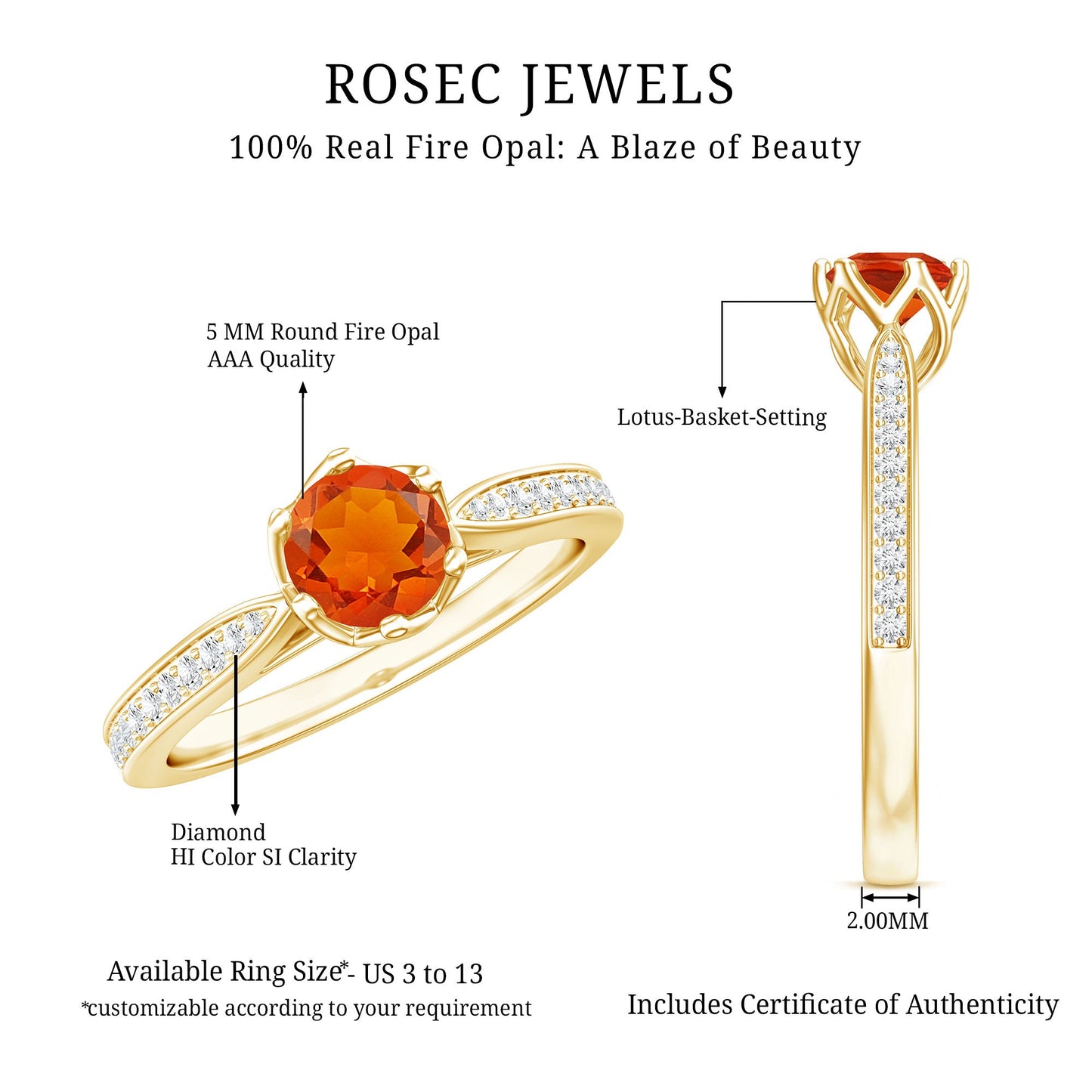 Genuine Fire Opal Solitaire Engagement Ring with Diamond