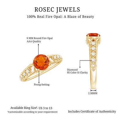 0.7 Carat Solitaire Fire Opal and Diamond Art Deco Engagement Ring