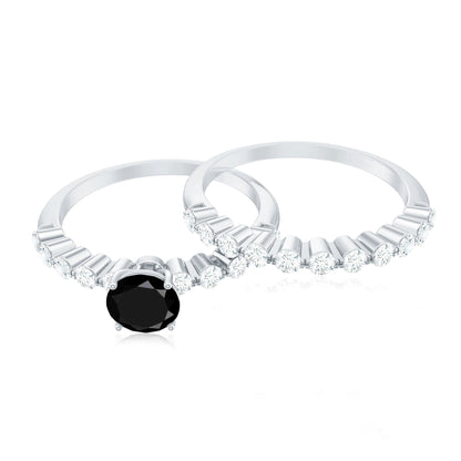 Round Cut Black Onyx and Diamond Stacking Wedding Ring Set
