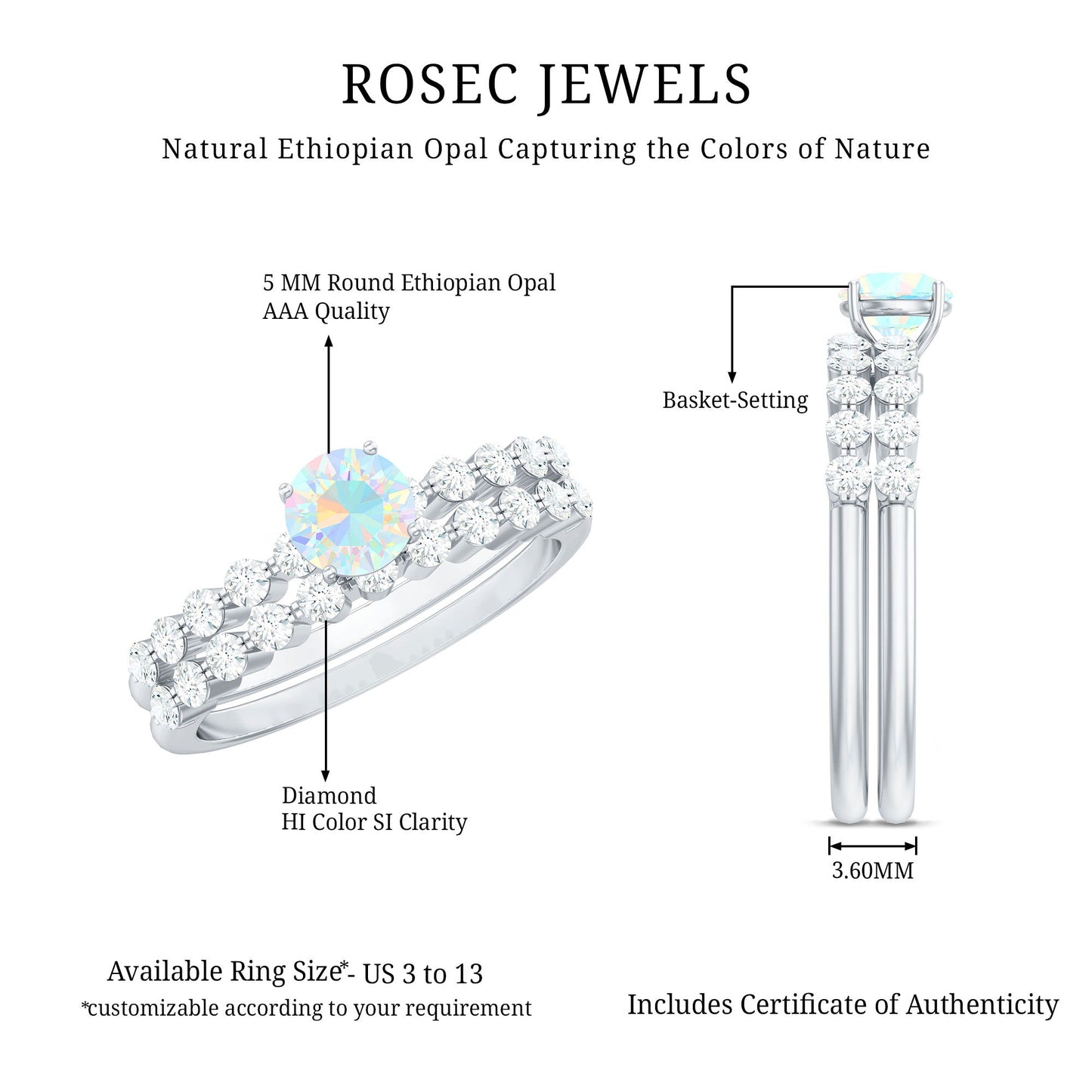 Certified Natural 0.5 Carat Ethiopian Opal Diamond Wedding Engagement Ring Set of 2