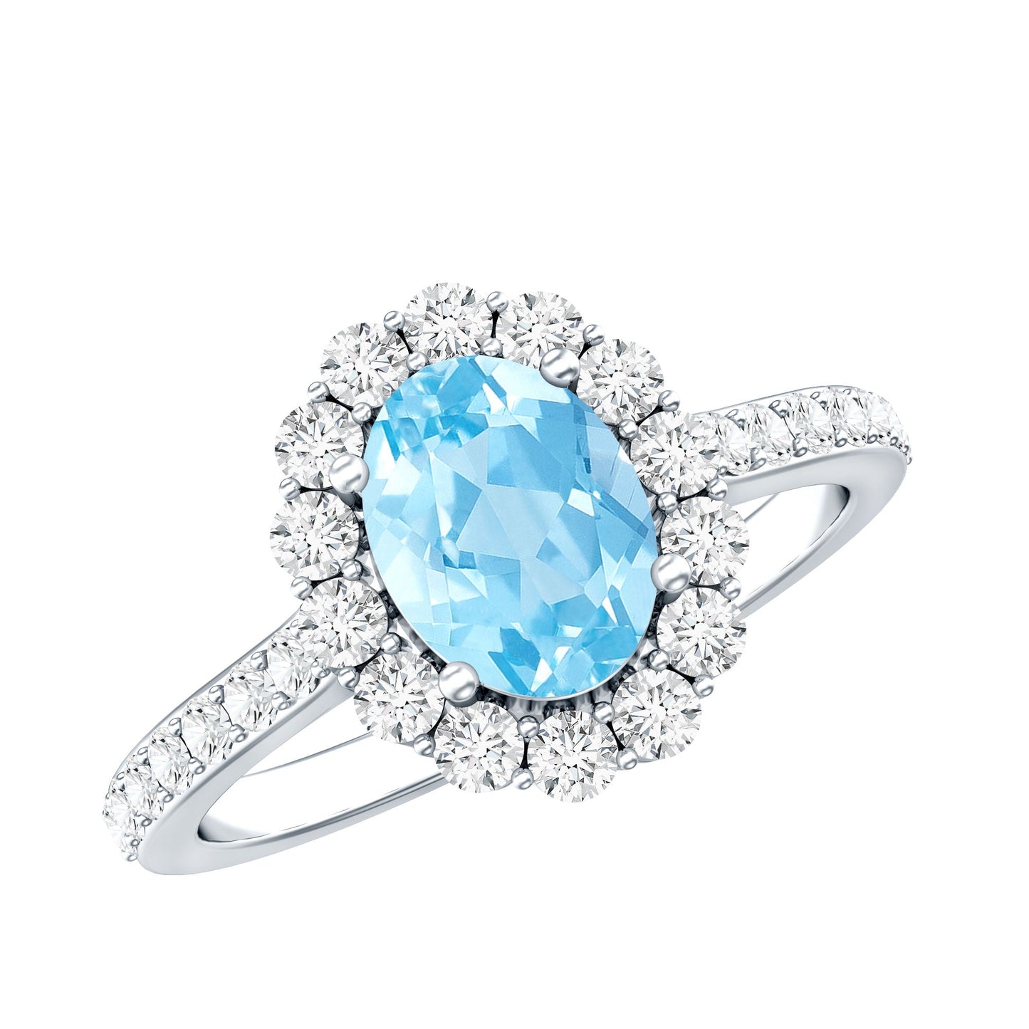 Real 1 Carat Oval Shape Aquamarine Halo Engagement Ring with Certificate