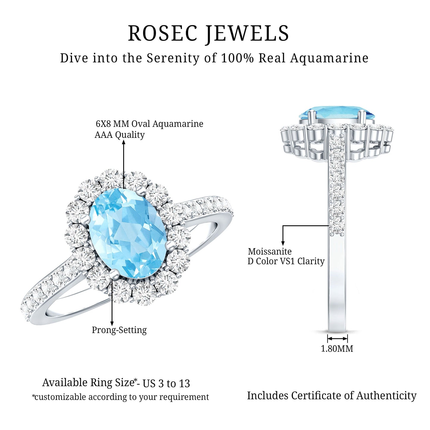 Real 1 Carat Oval Shape Aquamarine Halo Engagement Ring with Certificate