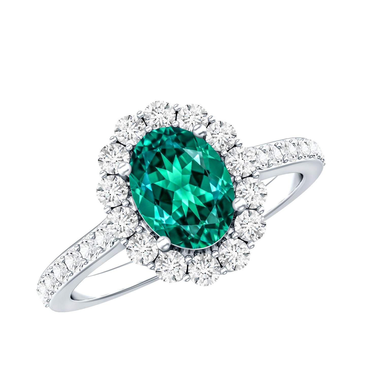 Certified 1.2 Carat Oval Lab Grown Emerald Halo Engagement Ring