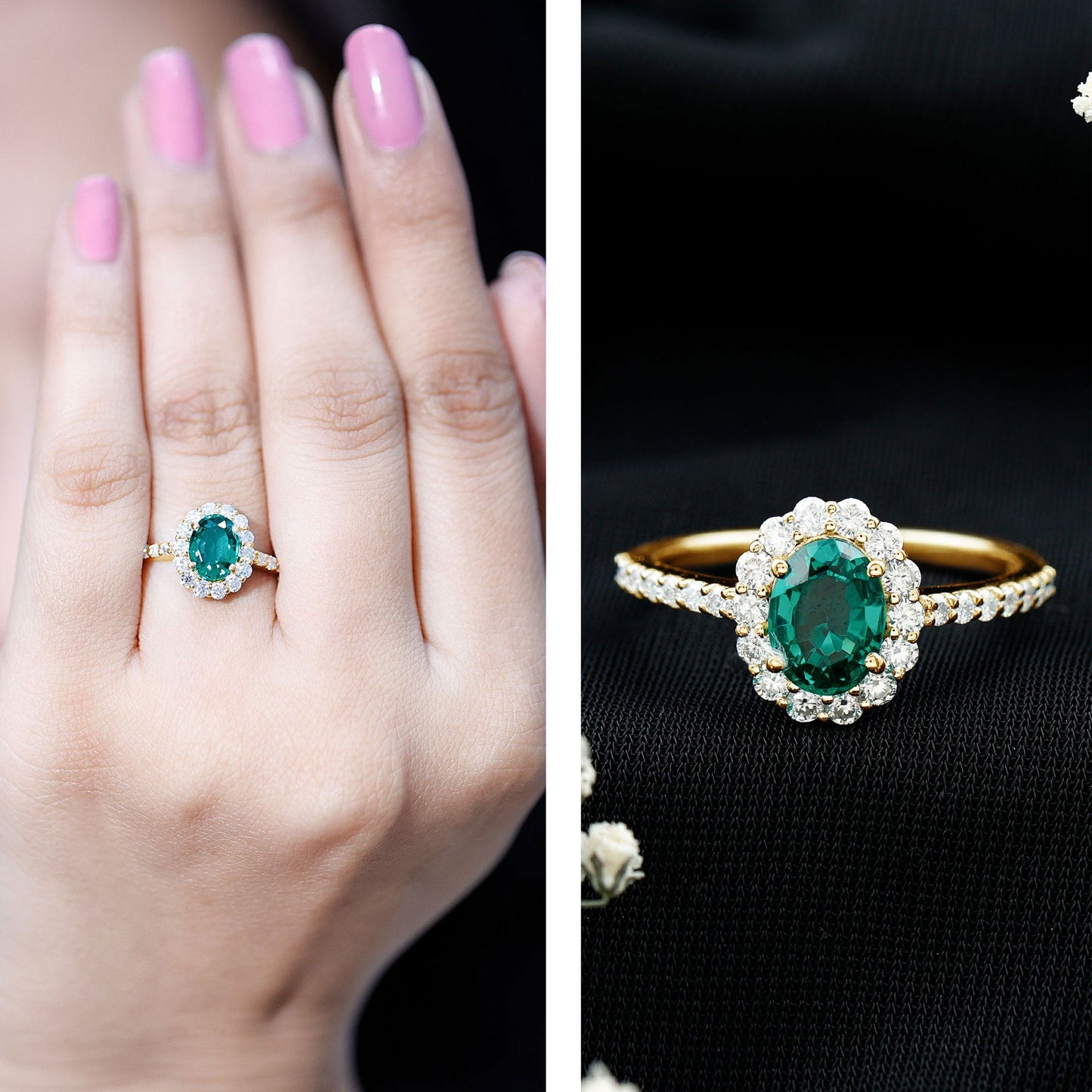 Certified 1.2 Carat Oval Lab Grown Emerald Halo Engagement Ring