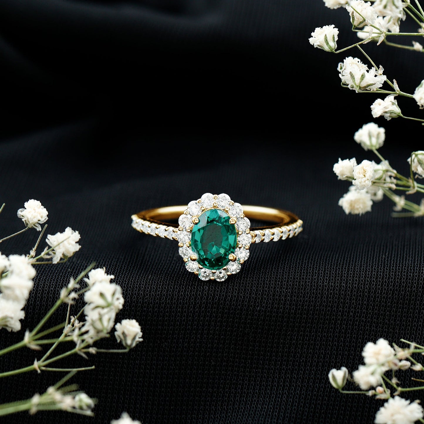 Certified 1.2 Carat Oval Lab Grown Emerald Halo Engagement Ring