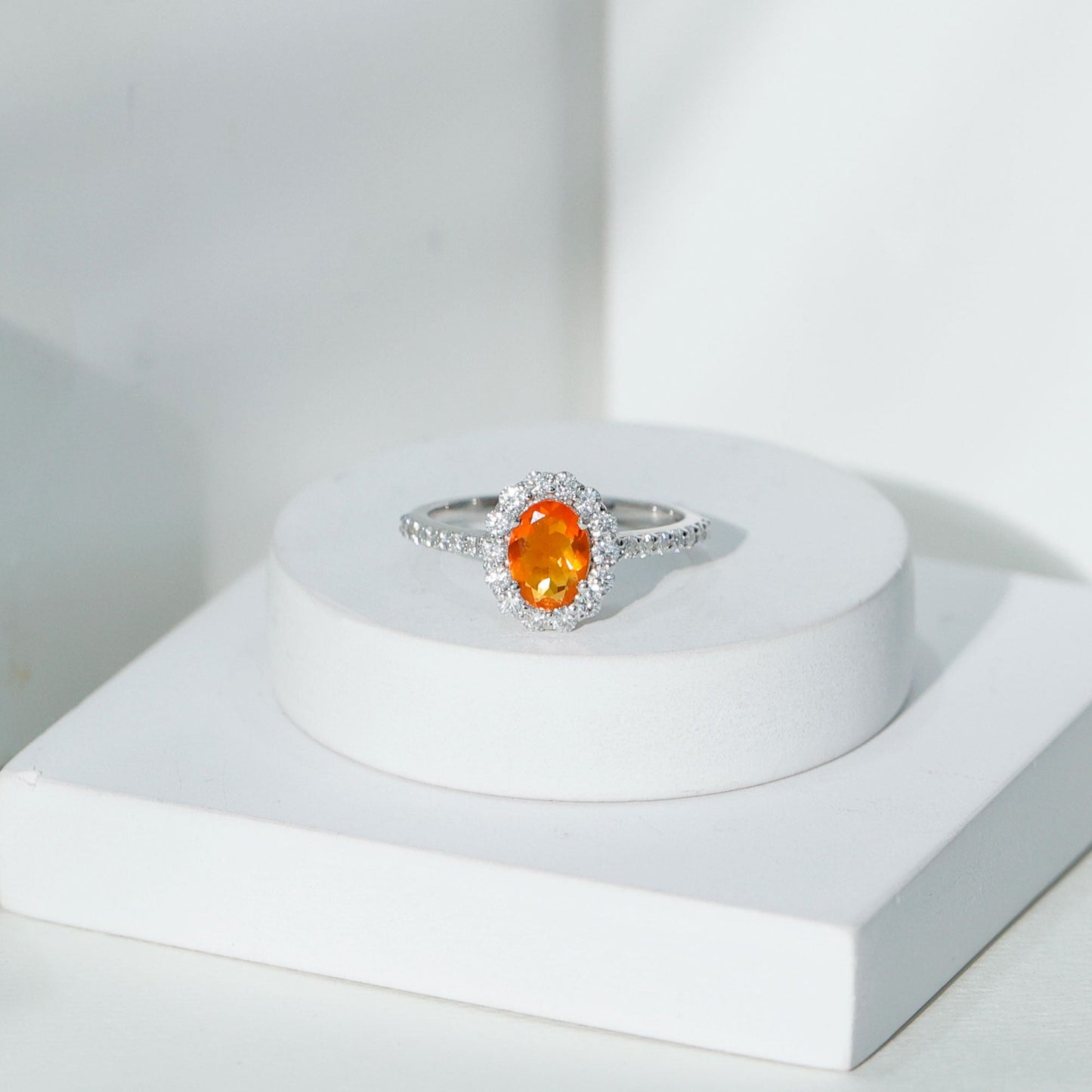 Orange Fire Opal Oval Shape Engagement Ring with Moissanite
