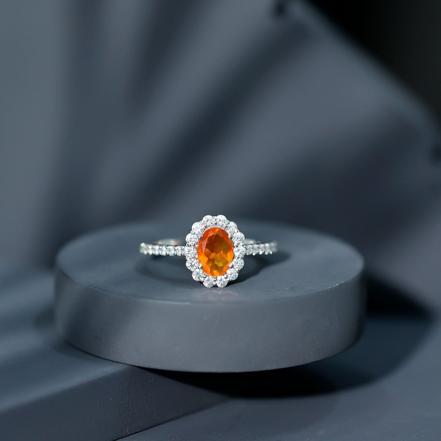 Orange Fire Opal Oval Shape Engagement Ring with Moissanite
