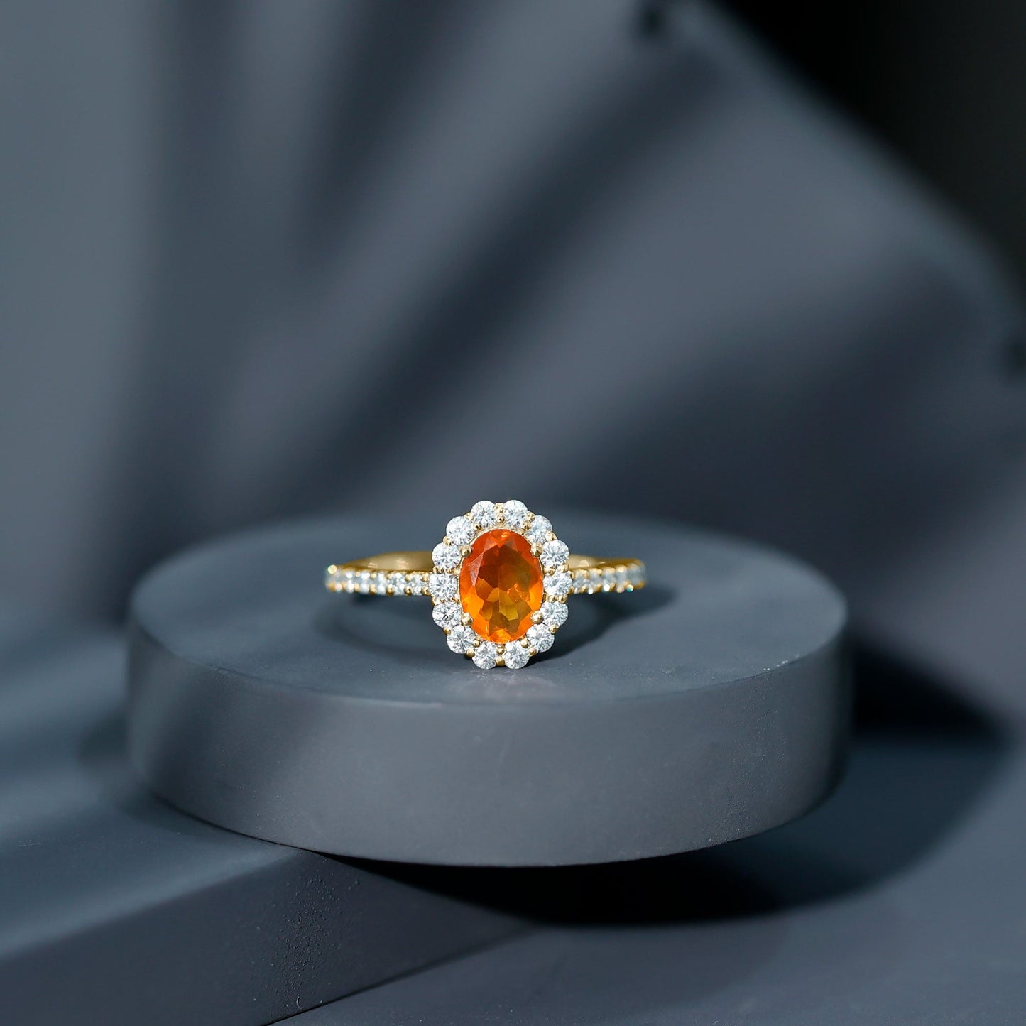 Orange Fire Opal Oval Shape Engagement Ring with Moissanite