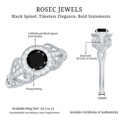 Vintage Inspired Black Spinel and Diamond Engagement Ring