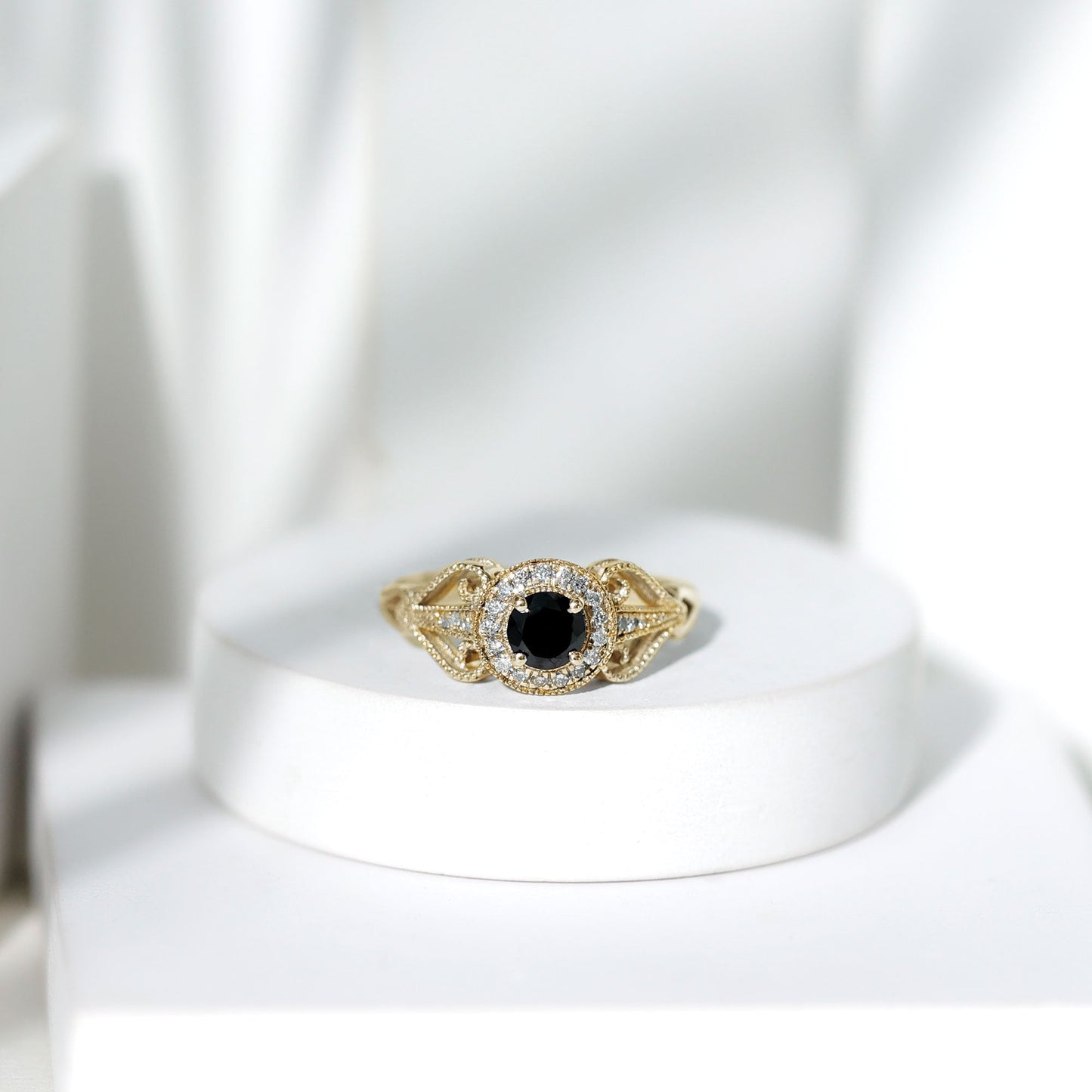 Vintage Inspired Black Spinel and Diamond Engagement Ring
